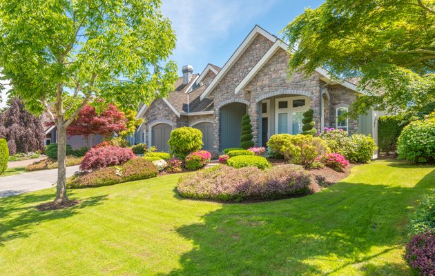 Front yard landscaping with stone walkway